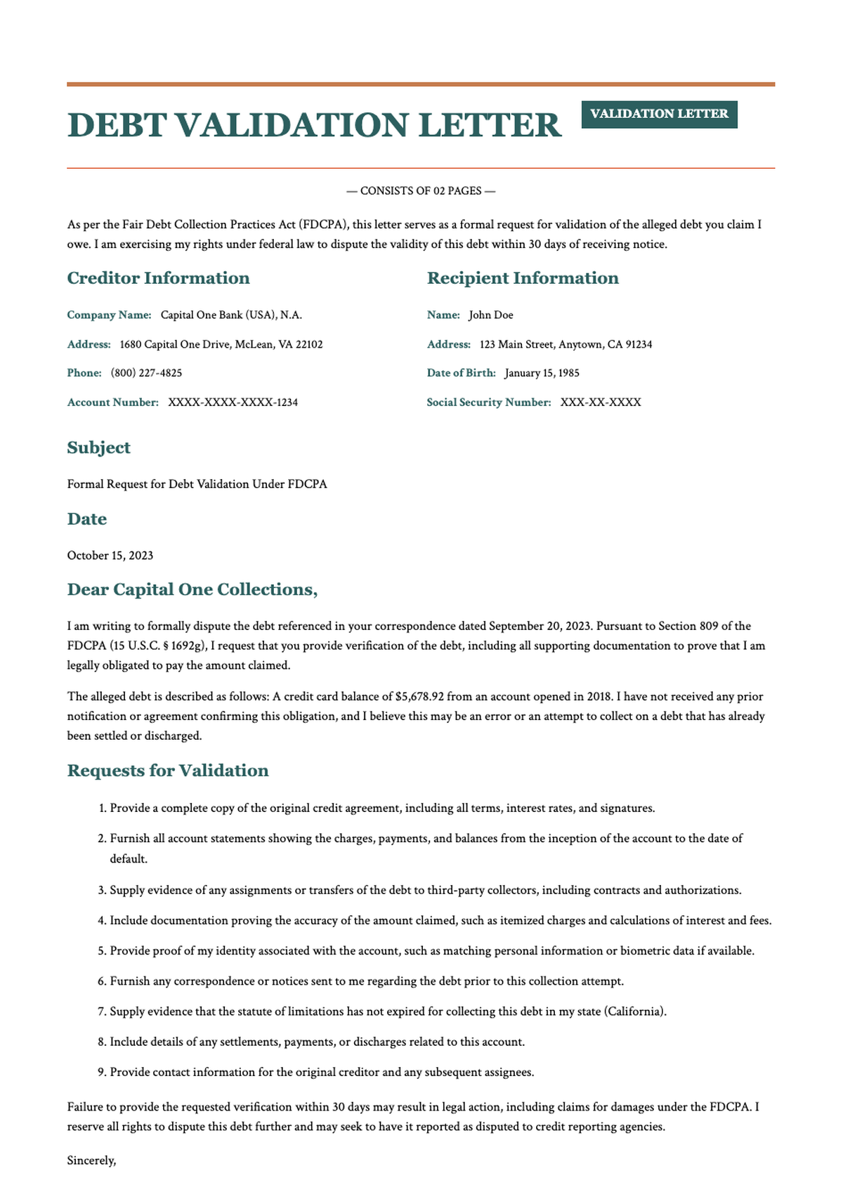 Credit card debt validation letter template with two page layout and structured request sections_variant_3